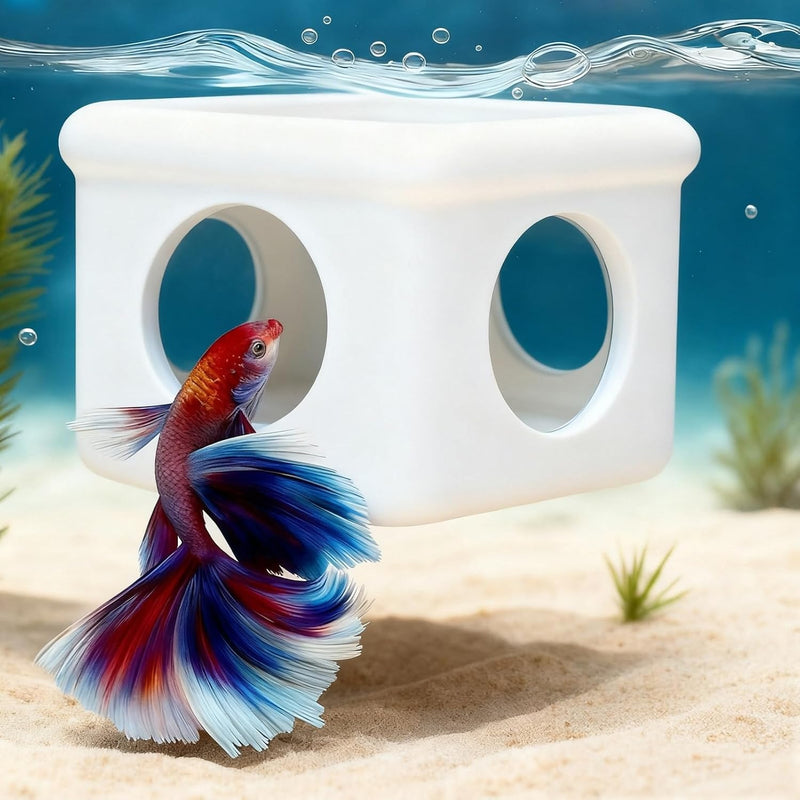 White Floating Betta Hideout with Round Side Holes – 3D Floating Breeding Box & Resting Cave with Window – Feeding Platf