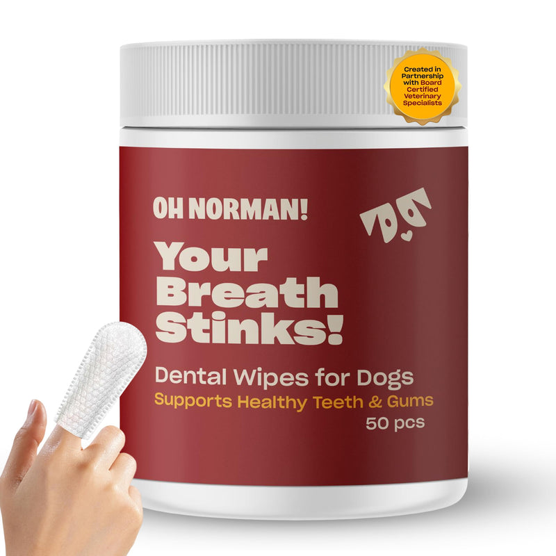 OH NORMAN! Dog Dental Wipes - Vet-Approved Pet Dental Finger Wipes for Oral Hygiene & Fresh Breath - Alternative to Finger Toothbrush for Dogs - No Fuss Dog Cleaning Supplies for Daily Use - 50 pcs