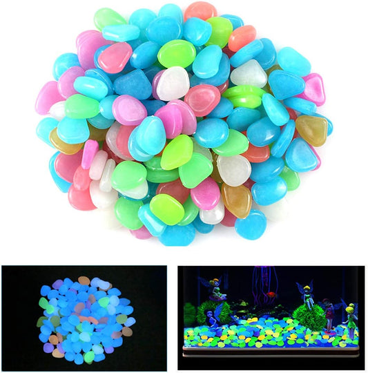 QIAONIUNIU 100 Pcs New Colorful Glow in The Dark Pebbles Stones Rocks for Fish Tank Aquarium Garden Walkway