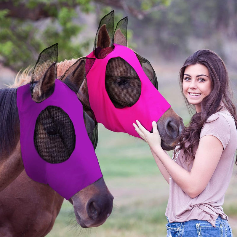 Weewooday 2 Pcs Mesh Horse Fly Mask with Ears, M, Purple, Pink