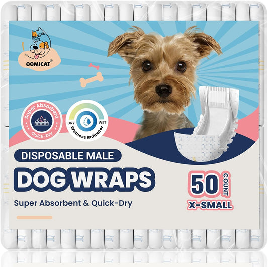 OOMICAT Dog Diapers Male, X-Small 50 Ct, Super Absorbent Male Dog Wraps with Wetness Indicator, Soft Pearl Weave Non-Woven Fabric, Breathable Belly Bands for Male Dogs, Fit for Chihuahua, Yorkshire