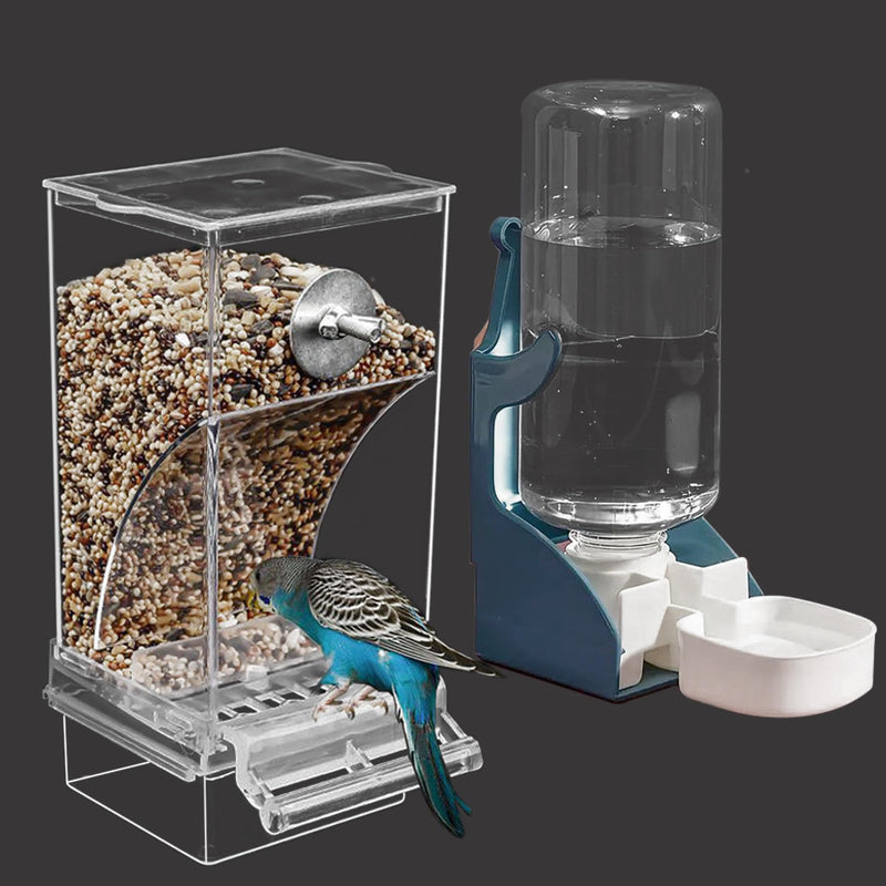 chuyouan No Mess Bird Feeder Water Dispenser Set, Automatic Parrot Feeder for Cage Transparent Acrylic Food Container Drinker Cage Accessories Parakeet Cockatiel Lovebird Finch