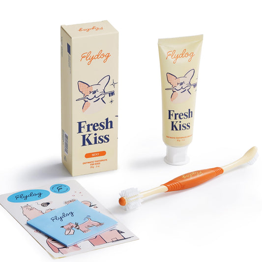 Flydog Fresh Kiss Dog Tooth Brushing Kit, Enzymatic Dog Toothbrush and Toothpaste- Vet Approved Formula, Breath Freshener & Tartar Remover, 360° Toothbrush for All Round Cleaning (Mild Mint)