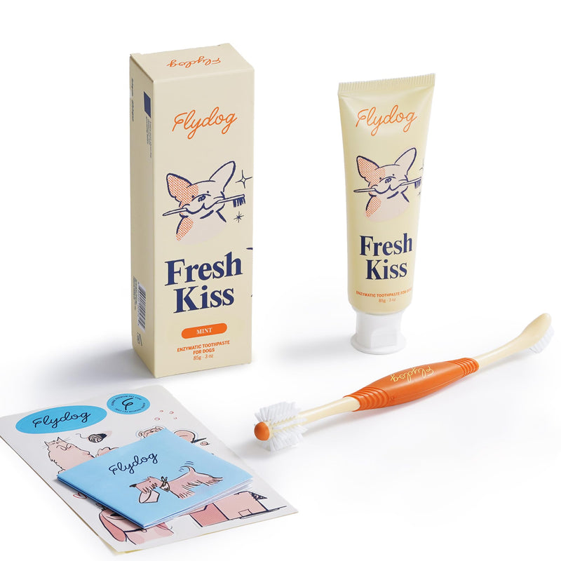 Flydog Fresh Kiss Dog Tooth Brushing Kit, Enzymatic Dog Toothbrush and Toothpaste- Vet Approved Formula, Breath Freshener & Tartar Remover, 360° Toothbrush for All Round Cleaning (Mild Mint)