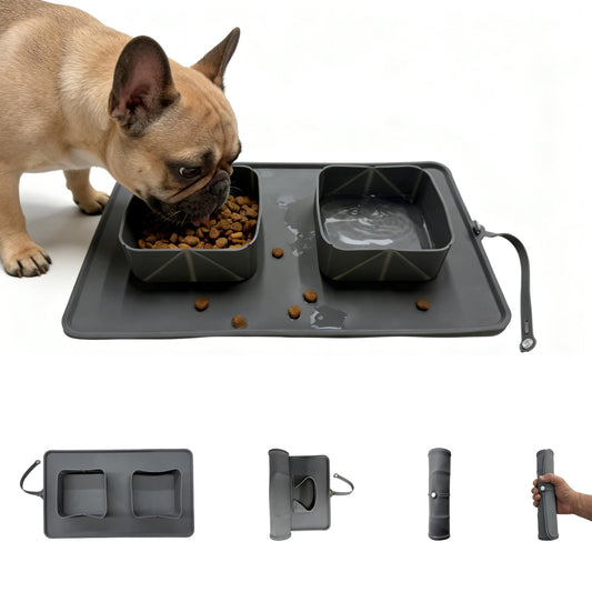 PICCYIN No Spill Collapsible Dog Bowls with Mat, 20oz 2-in-1 Roll-Up Silicone Pet Feeding Station, Portable BPA-Free Travel Dog Bowls for Car, Camping, and Outdoor Use