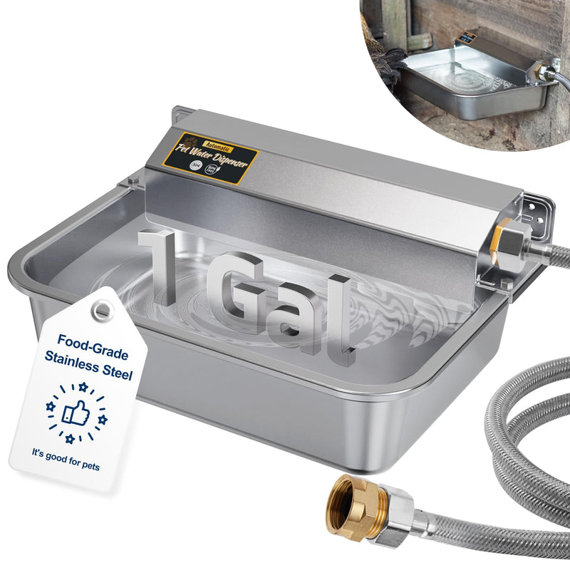 PETHIND 1Gal/3.8L Automatic Water Dispenser for Dogs, Patented Automatic Dog Waterer Bowl for Outdoor, Stainless Steel Water Bowl Dispenser for Livestock Chicken, Dog Feeder Fit 3/4'' GHT Faucet