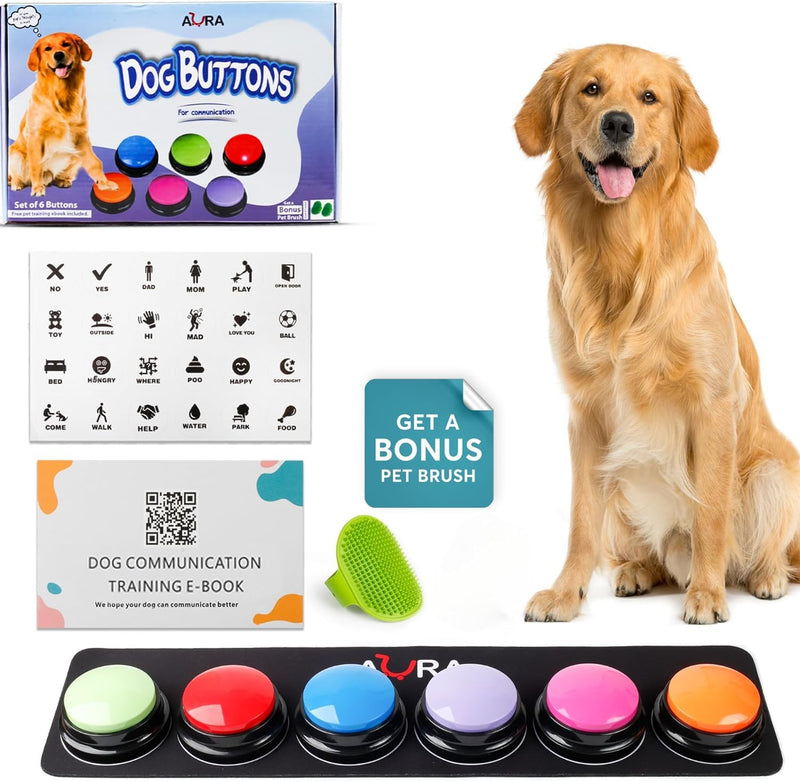 A-URA Dog Talking Buttons for Communication – 6 Recordable Dog Buttons with Anti-Slip Mat, Word Stickers, Training Guide & Video | Dog Communication Buttons for Potty Training, Daily Needs & Behavior
