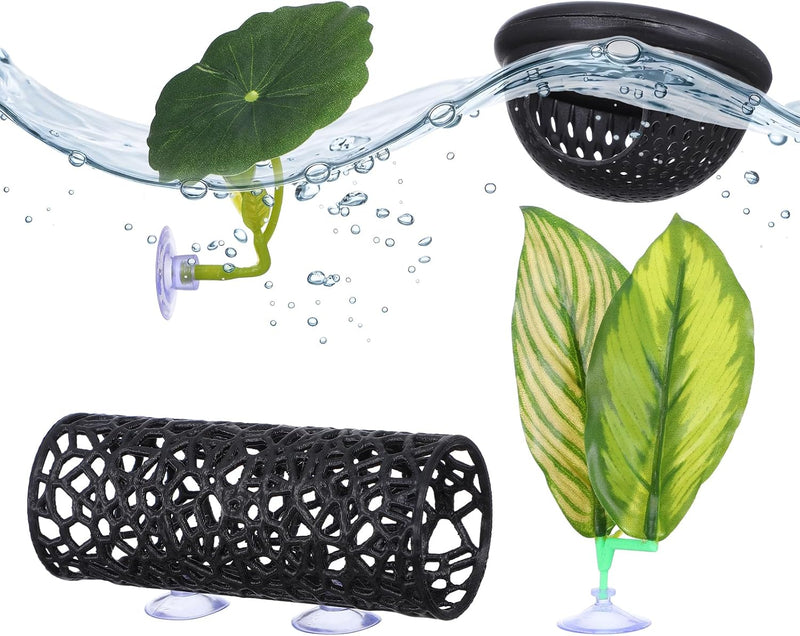 Amabro 4Pcs Betta Fish Hammock Tunnel Set Float Cave Leaf Pads Suction Cups