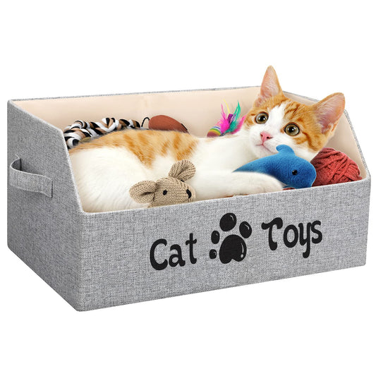 LOVSTORAGE 2X Thicker Large Cat Toy Bin Collapsible Cat Toy Box Sturdy Cat Toy Basket Kitten Toy Storage Bed for Organizing Cat Toys Treats Clothes and Accessories (Grey)