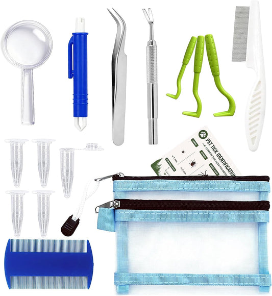 MEDUWEDU 16-Piece Professional Tick Removal Tool Kit, Stainless Steel Tick Remover Tweezers, Hooks & Accessories for Dog