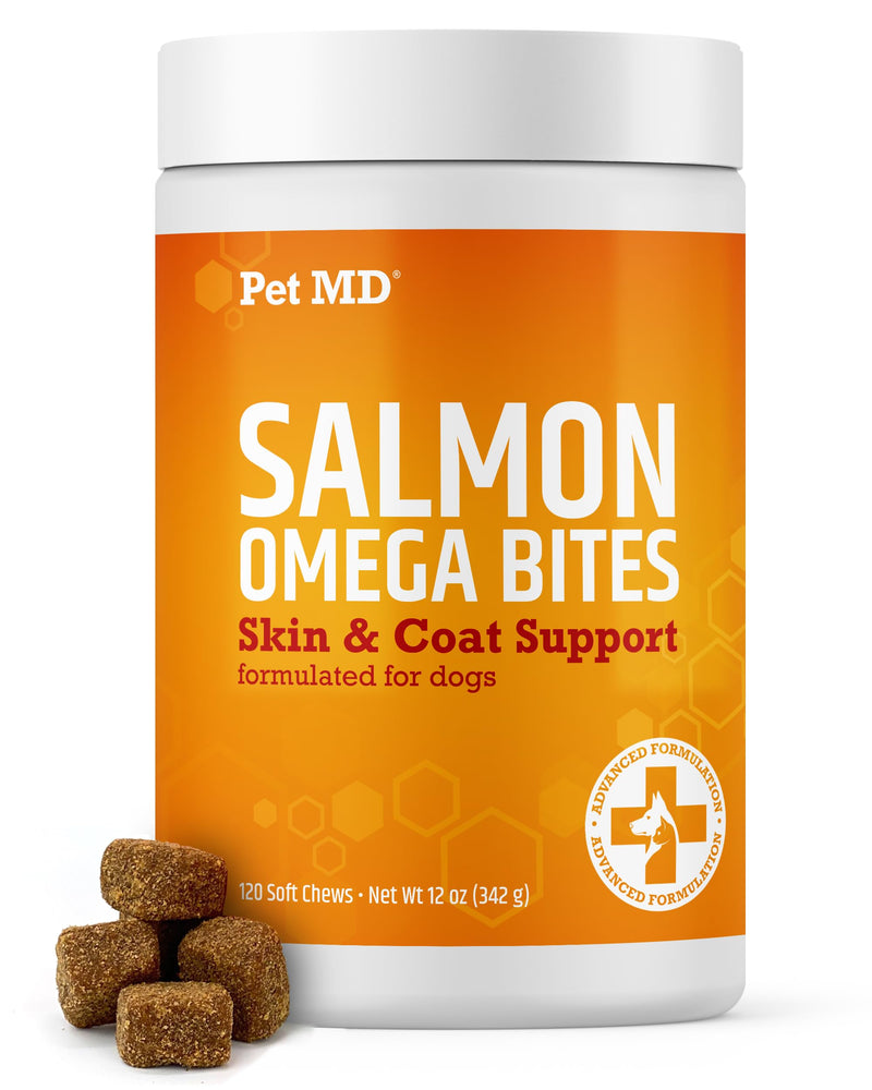 Pet MD Salmon Omega Bites for Dogs - Skin and Coat Supplement with Omega 3 & 6 for Dogs Plus DHA & EPA - Promotes Allergy & Dry Skin Relief - 120 ct