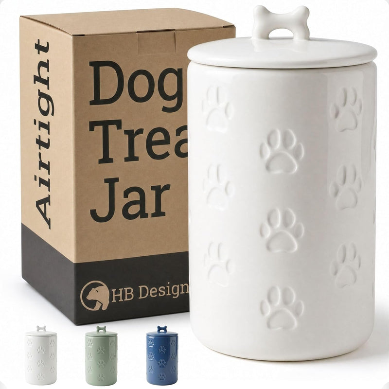 Dog Treat Container Airtight - 5 Inch Wide x 9 Inch Tall Ceramic Dog Treat Jar for Kitchen Counter with Airtight Lid - 7 Cup Capacity Pet Treat Container - Cute Doggie Cookie Jar - Big Treats Canister