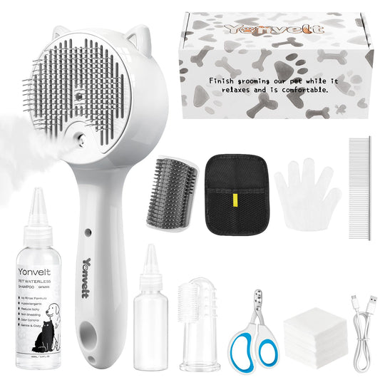 10Pcs Mist Spray Brush Kit for Cats & Dogs, Hair Health & Grooming Set with 100ml Waterless Shampoo, Cat Scratcher w/Catnip, Nail Clippers, Toothbrush, Comb, Eye Ear Paw Dry Wipes & Gloves, Gift-Set