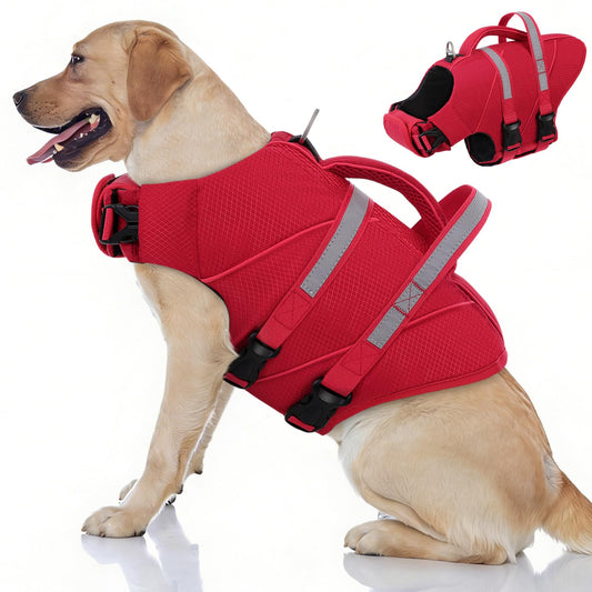 Queenmore XL Dog Life Jackets for Swimming, Boating & Lake, High Buoyancy Ripstop Reflective Pet Life Vest with Rescue Handle & Leash Hook for Large Dogs 50-90 lbs, Red