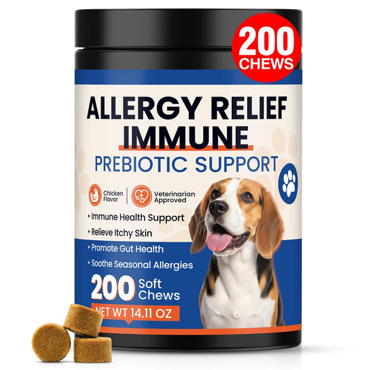 Dog Allergy Chews 200 Ct - Itch Relief for Dogs Immune Support with Colostrum Probiotics & Omega 3 - Seasonal Allergies Anti-Itch Skin & Coat Supplement, Itchy Skin & Paw Relief Bites - Chicken Flavor