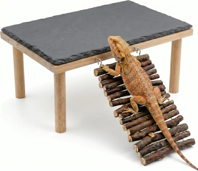 Bearded Dragon Basking Platform, Natural Slate Reptile Basking Rock with Wooden Climbing Ramp, Terrarium Habitat Decor f