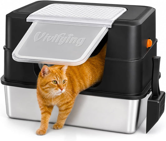 Vivifying Stainless Steel Litter Box, XL Side Entry Extra Large Litter Box with Lid for Big Cats & Kitty, Removable Enclosed Metal Cat Pan with High Sided Enclosure, Scoop (Black)