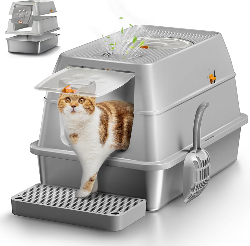 Stainless Steel Cat Litter Box with Removable Lid, XL Enclosed