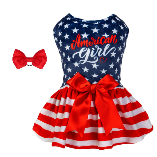 CuteBone Dog Dresses Velvet 4th of July Small Dogs Clothes Onesie Pet Apparel Girl Puppy Skirt with Bow Hair Rope