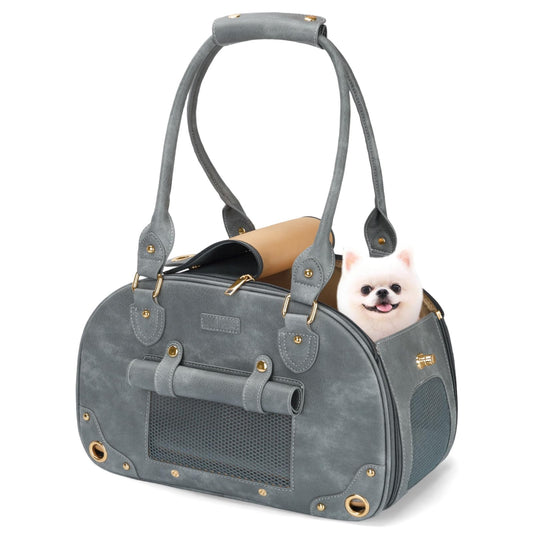 PetsHome Dog Carrier Purse, Pet Bag Bling Waterproof Premium Leather Pet Travel Portable Bag for Cat and Small Dog Home & Outdoor Small Grey