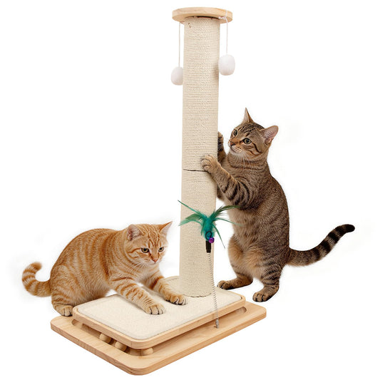 Famifit 2-in-1 Cat Scratching Post and Pad, 28" Natural Sisal Cat Scratcher for Indoor Cats, Solid Wood Base with Interactive Spring Toy & Dangling Ball, Space-Saving for Indoor Adults Cats