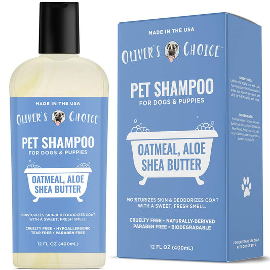 OLIVER'S CHOICE Dog Shampoo with Oatmeal, Aloe & Shea Butter – Deodorizing Puppy Shampoo for Smelly Dogs, Itchy Skin Relief, Paraben-Free, Biodegradable, Cruelty Free – 14 fl. oz