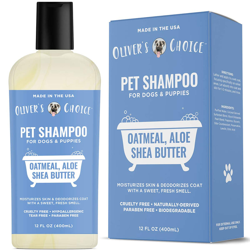 OLIVER'S CHOICE Dog Shampoo with Oatmeal, Aloe & Shea Butter – Deodorizing Puppy Shampoo for Smelly Dogs, Itchy Skin Relief, Paraben-Free, Biodegradable, Cruelty Free – 14 fl. oz