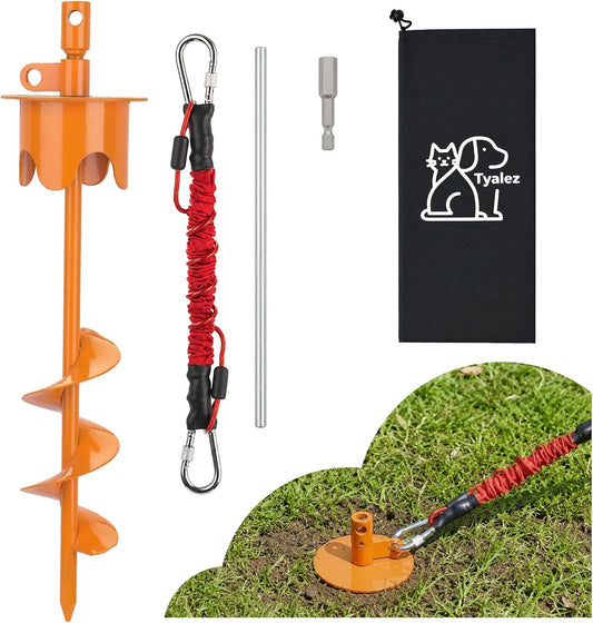 Tyalez Dog Stakes for Outside Heavy Duty Hold up to 350Lbs Large Dogs Tie Out Tether Leash Chain for Yard Screw in Ground Anchors 17inch with Buffer Rope
