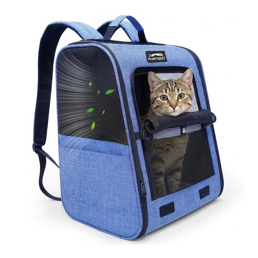 Cat Backpack Carrier with Ventilation Mesh and Safety Leash, Lightweight Dog Travel Backpack with Pockets, Reflective Strip, and Removable Mat,Hiking and Outdoor Use,Blue