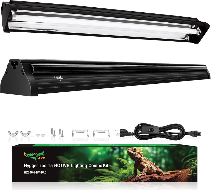 T5 UVB Reptile Light Fixture HO UVB Bulb Lighting Combo Kit 24W Reptile Light Bar Terrarium Hood 10.0 UVB Light Bulb Flu