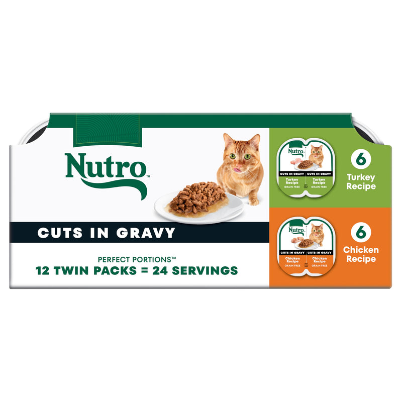 Nutro Perfect Portions Wet Cat Food Gravy Cuts Variety Pack, Cat Food Wet Recipe, Turkey or Chicken Recipe, 2.6 oz. Twin-Pack Trays, 12 Pack