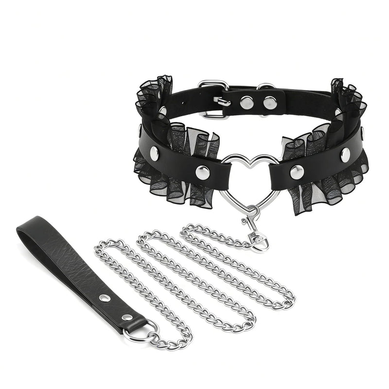 Heart Collar and Leash Set with Lace Edge for Cat, 2PCS Cosplay Rave Jewelry Accessories for XS-M Pet Dog (Black)