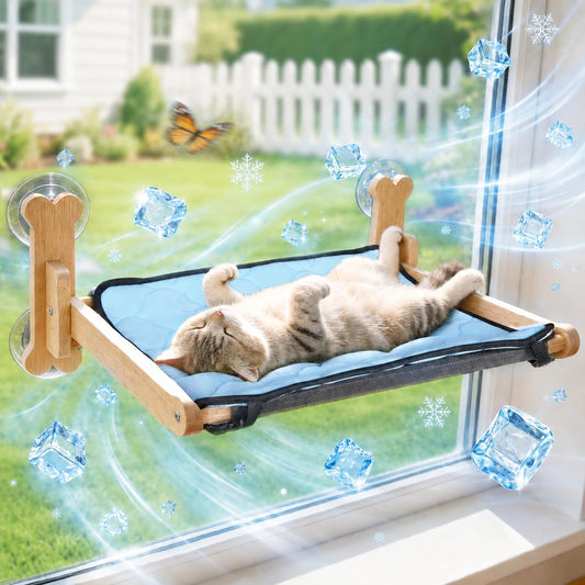 SZEE Cat Window Perch, Window Cat Bed, with Reversible Ice Cooling Silk Mat, Foldable Pet Perch Hammock with Sturdy Wooden Frame & Large Suction Cup, with Soft Flannel Plush Backing for All-Season Use