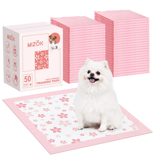 MIZOK Puppy Pads Pink 22x22in, Quick-Dry Puppy Training Pads with Pheromone Attractant, Decorative Cherry Blossom 6-Layer Heavy Duty Leak-Proof Pet Pads, Disposable (50 Count)