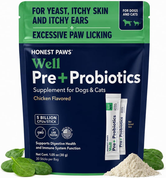 Honest Paws Probiotics for Dogs - Digestive & Immune Support Powder with Prebiotic Made in The USA, Chicken Flavor (30 Sticks)