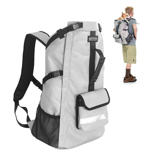 FOXFOCUS Dog Backpack Carrier for Medium Dogs - 4-Layer Protection, Under 30 lb, Waterproof, Adjustable Dog Hiking Backpack with Storage Pockets, Reflective Strips, Non-Slip Handle for Travel - Grey