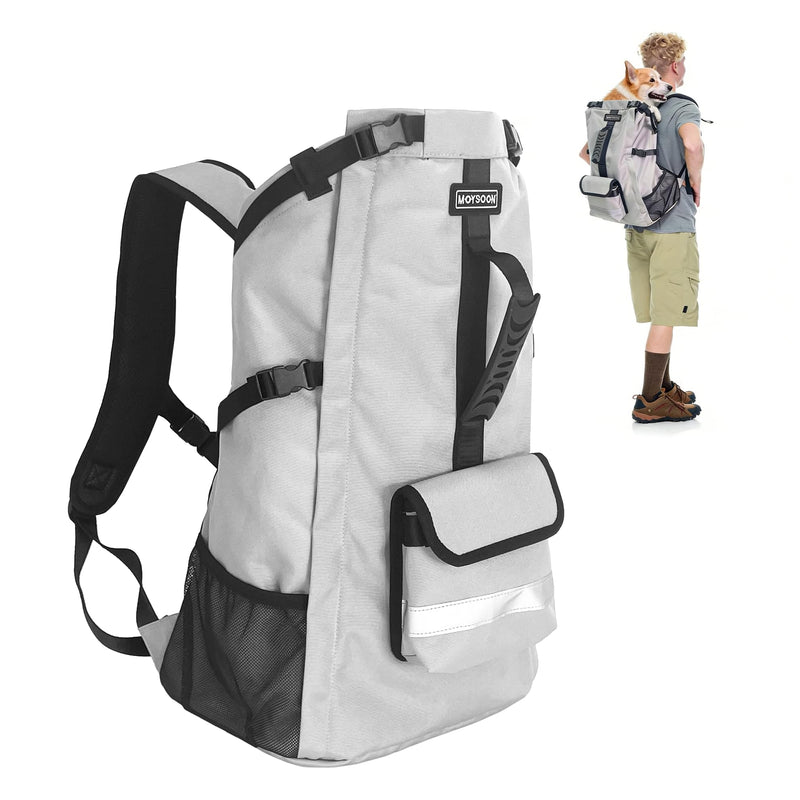 FOXFOCUS Dog Backpack Carrier for Medium Dogs - 4-Layer Protection, Under 30 lb, Waterproof, Adjustable Dog Hiking Backpack with Storage Pockets, Reflective Strips, Non-Slip Handle for Travel - Grey