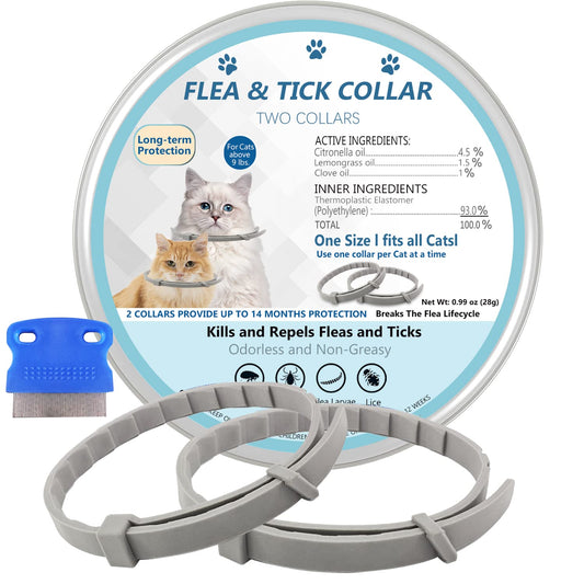 Flea and Tick Collar for Cats, 2 Pack Flea Collar for Cats, Offers 12 Months Protection, Waterproof, Adjustable, One Size Fits All Cat, Light Blue