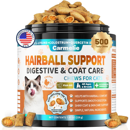 Hairball Treatment for Cats – 500 Crunchy & Creamy Hairball Treats for Cats – Indoor Feline Digestion Formula for Hairball Control, Cat Hairball Remedy & Digestive Support, Chicken & Krill Flavor