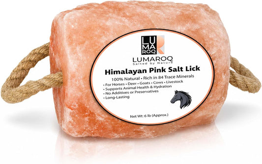 Himalayan Pink Salt Lick On Rope 6lbs for Horses, Deer, Goats & Livestock, Natural Mineral Salt Block with 84 Trace Mine