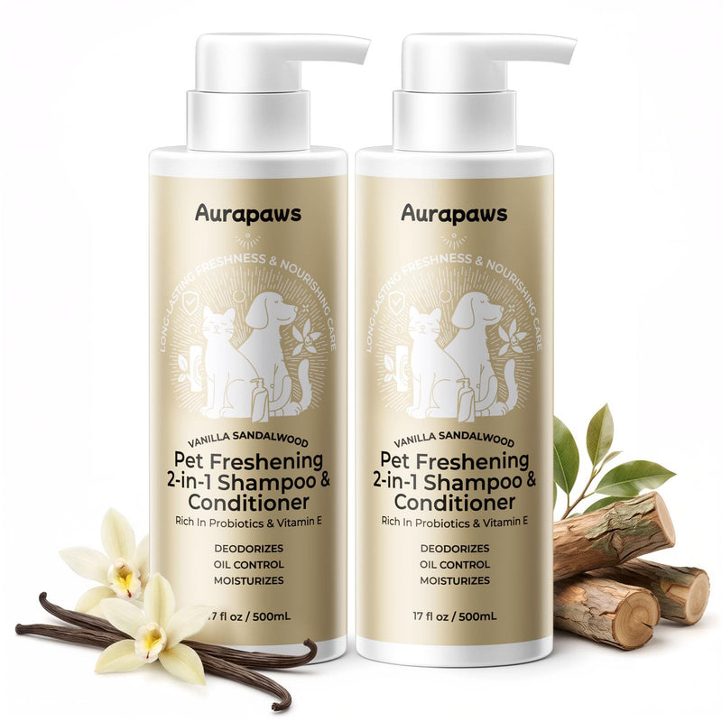 Aurapaws Probiotic Dog Shampoo and Conditioner Set for Sensitive Skin, Itchy Skin Relief, Deodorizing Dog Shampoo, Smelly & Moisturizes for All Breeds & Puppies, Vanilla Sandalwood, 17 oz(Pack of 2)