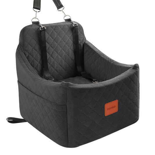 INDYBUD Small Dog Car Seat, Memory Foam Dog Booster Car Seats with Thick Cushion for Medium Dogs Under 35lbs, Detachable Washable Pet Seat with Storage Pockets,2 Safety Belts (Black, Medium)