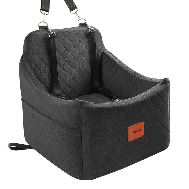 INDYBUD Small Dog Car Seat, Memory Foam Dog Booster Car Seats with Thick Cushion for Medium Dogs Under 35lbs, Detachable Washable Pet Seat with Storage Pockets,2 Safety Belts (Black, Medium)