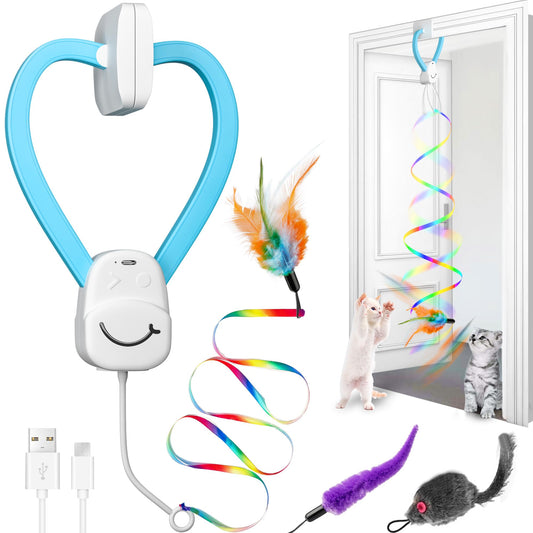 PANRIO Smart Automatic Door Hanging Cat Toy for Indoor Cats - Electric Interactive Feather Wand, Mouse & Worm Set, 360° Rotating, Type-C Rechargeable, Quiet Self Play Enrichment for Bored Kittens
