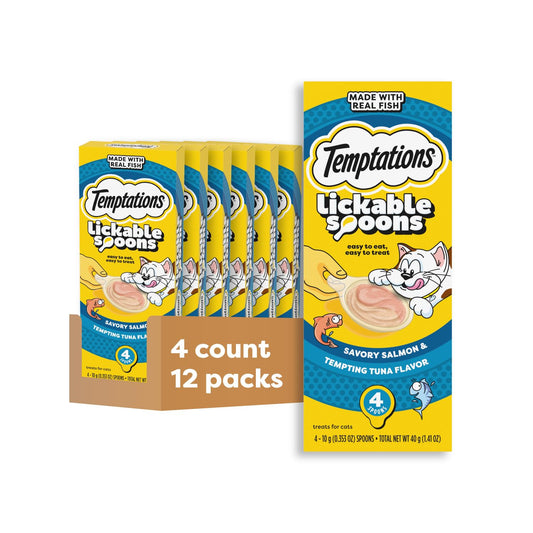 Temptations Lickable Spoons, Soft Lickable Cat Treats, Adult Wet Cat Treats, Savory Salmon and Tempting Tuna Flavor, 4 Spoons, Pack of 12 (48 Total)