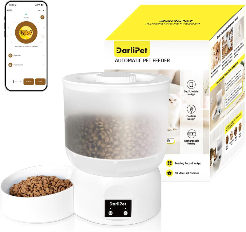 Automatic Cat Feeder, 2.5L Rechargeable Cordless Pet Feeder with 270-Day Battery Life, Bluetooth Smart App Control, Slow