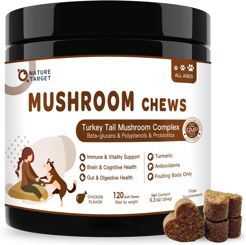 NATURE TARGET Turkey Tail Mushroom for Dogs, 11 in 1 Immune Chews, 120 Ct