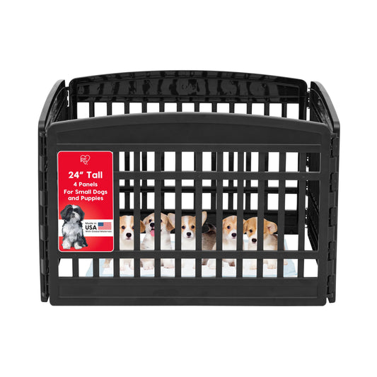 IRIS USA Dog Playpen 24" 4-Panel Puppy Playpen, 35 x 35 x 24, Dog Playpen, Dog Play Pen Indoors, Pet Fence, Puppies/Small Dogs, Black
