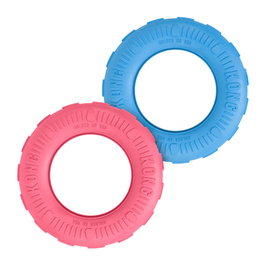 KONG Puppy Tires - Dog Chew Toy for Puppies - Stuffable Dog Toy for Treats & Snacks - Natural Rubber Chew Toy for Teething Puppy - for Small Puppies - Randomly Provided Color
