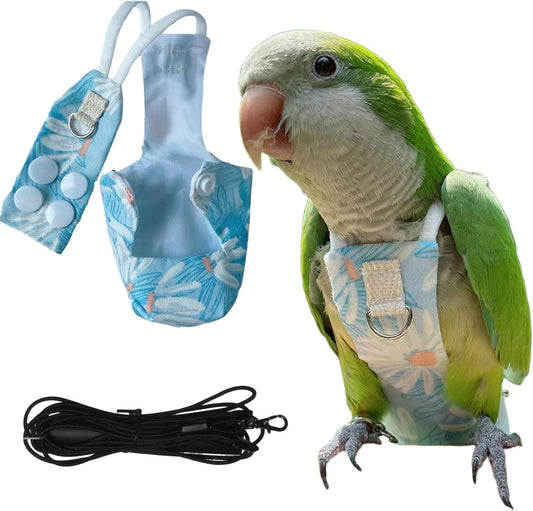 Snap-Closure Parrot Diapers with Adjustable Leash - Washable Bird Flight Suits for Cockatiels, Sun Conures & Quaker Parr
